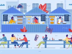 Le concept Food Court Gens consomment des snacks et fast food