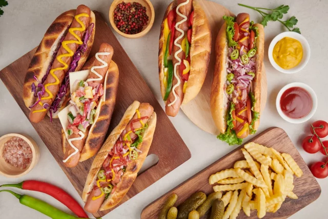 hot dog américain avec frites et des sauces